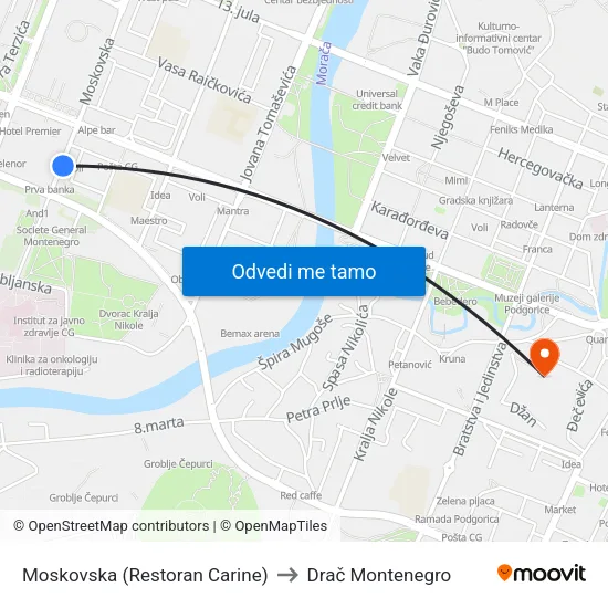 Moskovska (Restoran Carine) to Drač Montenegro map