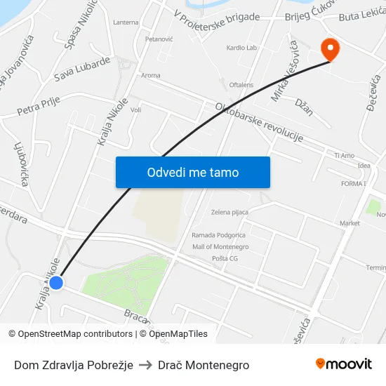 Dom Zdravlja Pobrežje to Drač Montenegro map