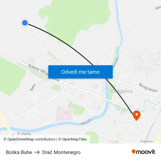 Boška Buhe to Drač Montenegro map