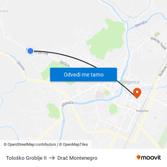 Tološko Groblje II to Drač Montenegro map