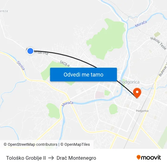 Tološko Groblje II to Drač Montenegro map
