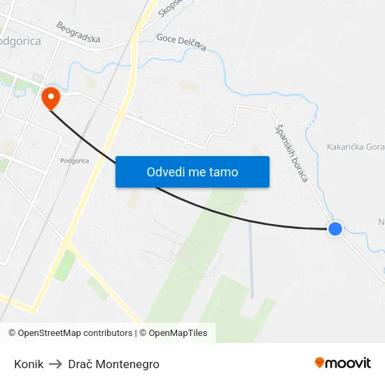 Konik to Drač Montenegro map