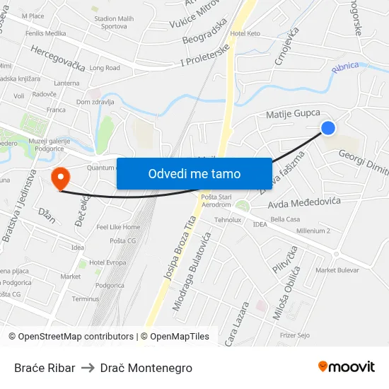 Braće Ribar to Drač Montenegro map