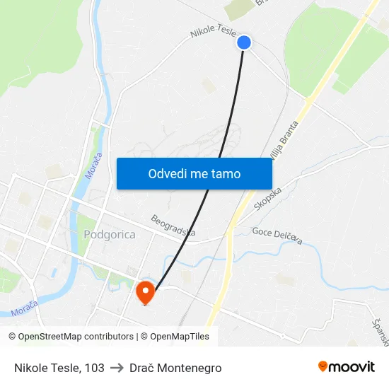 Nikole Tesle, 103 to Drač Montenegro map