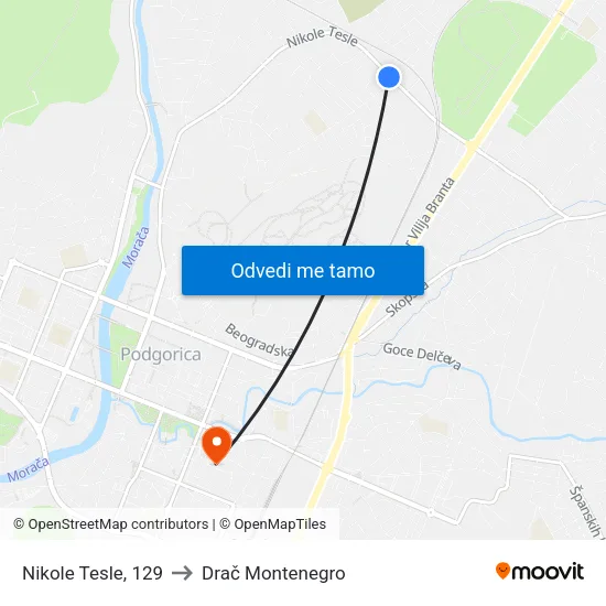 Nikole Tesle, 129 to Drač Montenegro map
