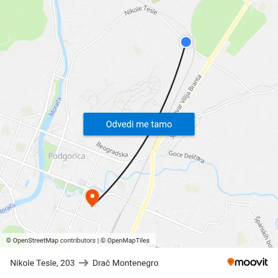 Nikole Tesle, 203 to Drač Montenegro map