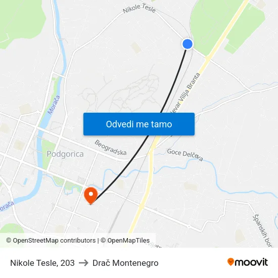 Nikole Tesle, 203 to Drač Montenegro map