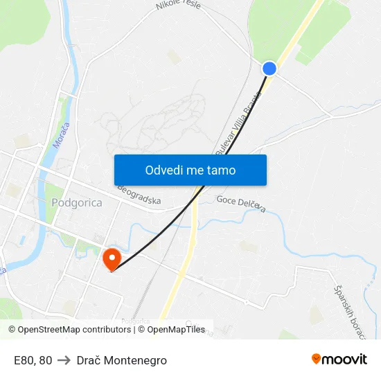 E80, 80 to Drač Montenegro map