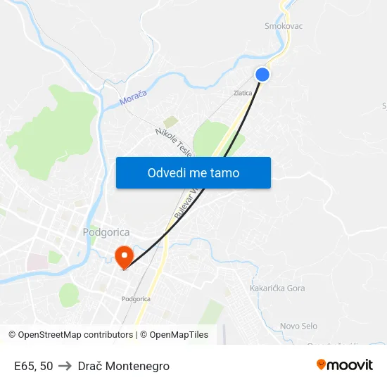 E65, 50 to Drač Montenegro map