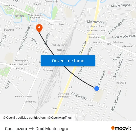 Cara Lazara to Drač Montenegro map