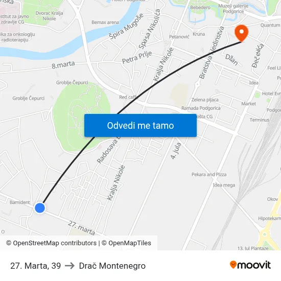 27. Marta, 39 to Drač Montenegro map