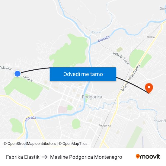 Fabrika Elastik to Masline Podgorica Montenegro map