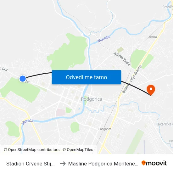 Stadion Crvene Stijene to Masline Podgorica Montenegro map