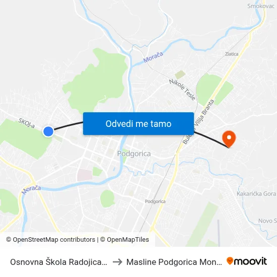 Osnovna Škola Radojica Perović to Masline Podgorica Montenegro map