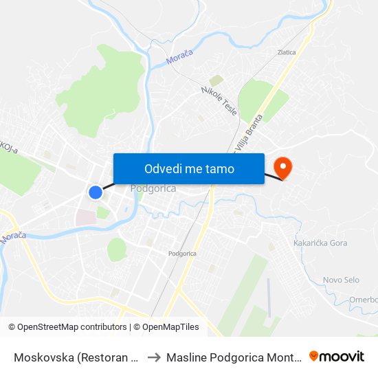 Moskovska (Restoran Carine) to Masline Podgorica Montenegro map