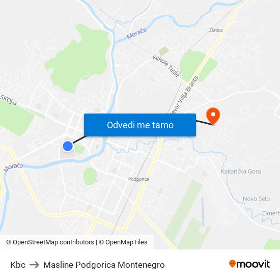Kbc to Masline Podgorica Montenegro map