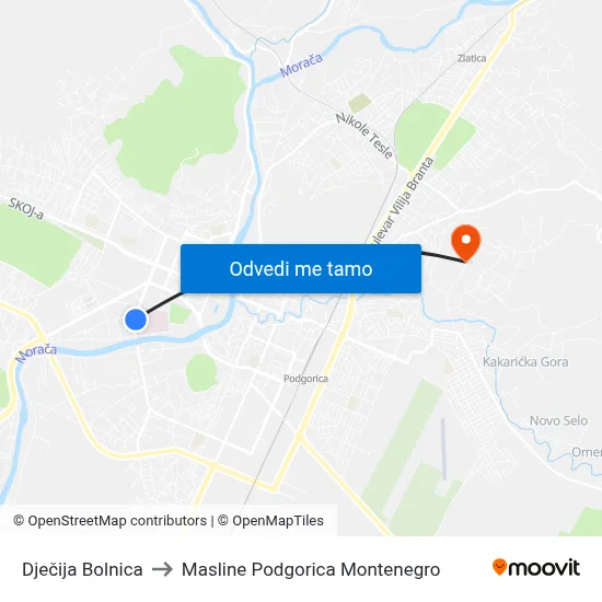 Dječija Bolnica to Masline Podgorica Montenegro map