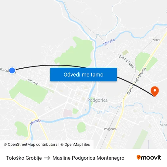 Tološko Groblje to Masline Podgorica Montenegro map