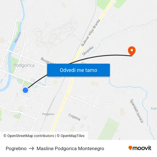 Pogrebno to Masline Podgorica Montenegro map