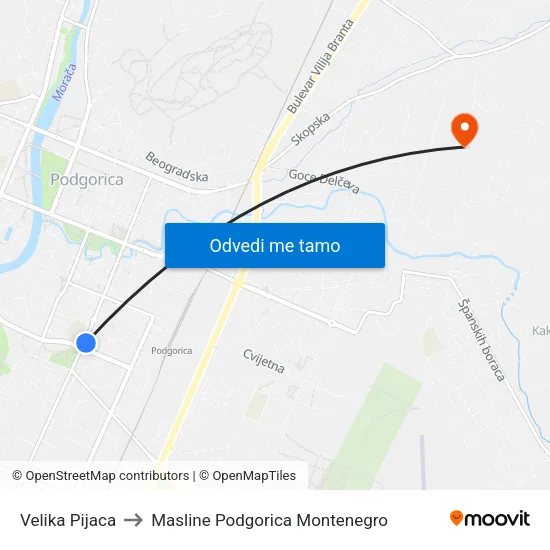 Velika Pijaca to Masline Podgorica Montenegro map