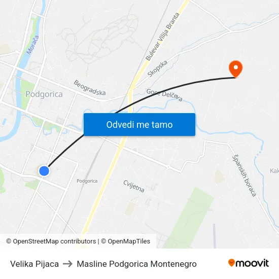 Velika Pijaca to Masline Podgorica Montenegro map