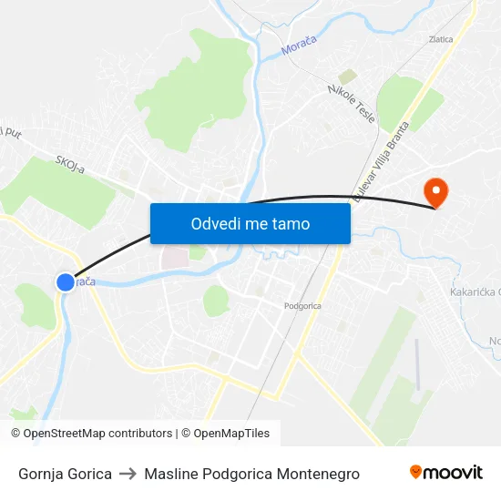 Gornja Gorica to Masline Podgorica Montenegro map