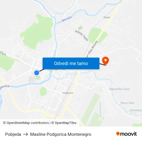 Pobjeda to Masline Podgorica Montenegro map