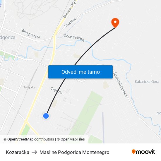 Kozaračka to Masline Podgorica Montenegro map