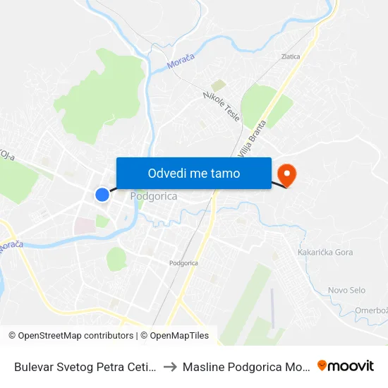Bulevar Svetog Petra Cetinjskog 62 to Masline Podgorica Montenegro map