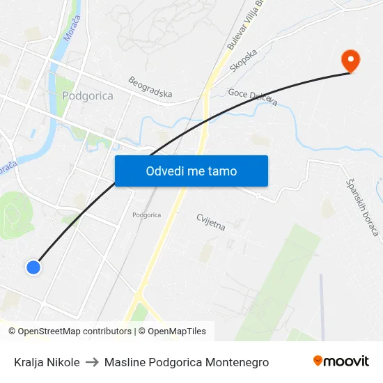 Kralja Nikole to Masline Podgorica Montenegro map