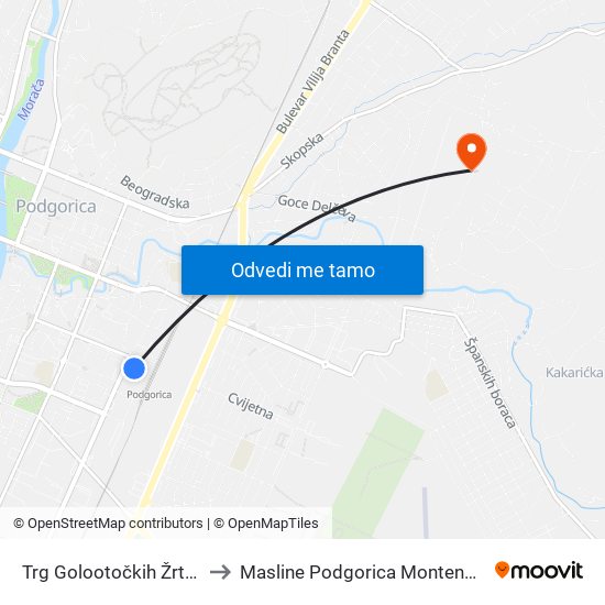Trg Golootočkih Žrtava to Masline Podgorica Montenegro map