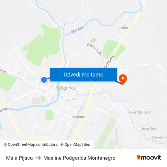 Mala Pijaca to Masline Podgorica Montenegro map