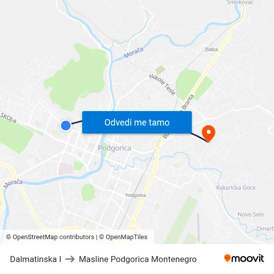 Dalmatinska I to Masline Podgorica Montenegro map
