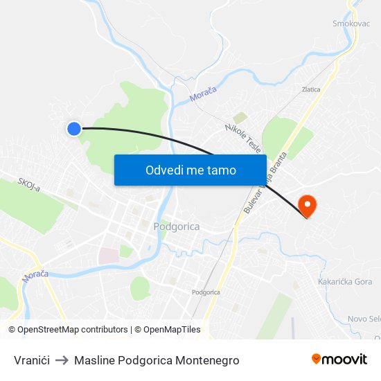 Vranići to Masline Podgorica Montenegro map