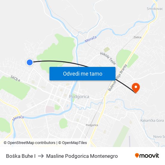 Boška Buhe I to Masline Podgorica Montenegro map