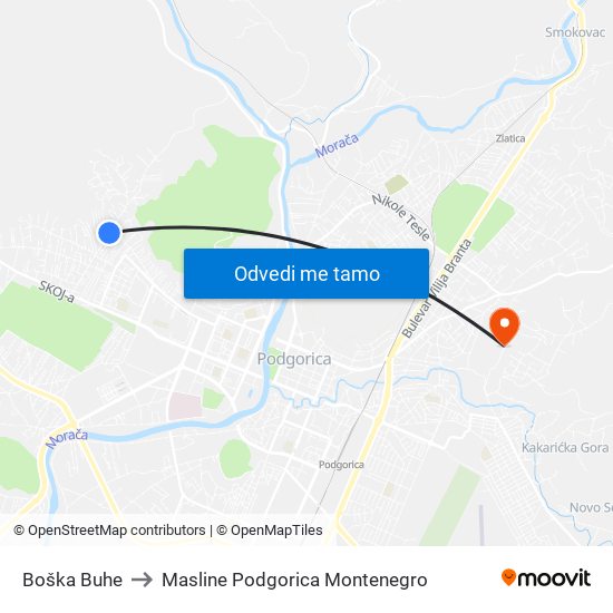 Boška Buhe to Masline Podgorica Montenegro map