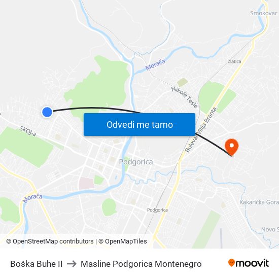 Boška Buhe II to Masline Podgorica Montenegro map
