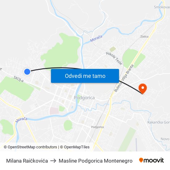 Milana Raičkovića to Masline Podgorica Montenegro map
