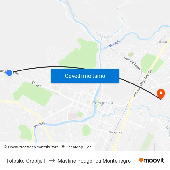 Tološko Groblje II to Masline Podgorica Montenegro map