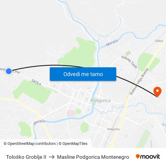 Tološko Groblje II to Masline Podgorica Montenegro map
