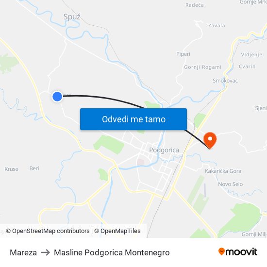 Mareza to Masline Podgorica Montenegro map