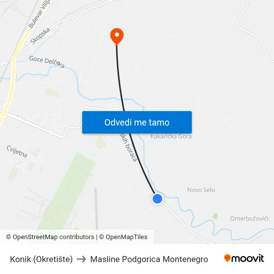 Konik (Okretište) to Masline Podgorica Montenegro map