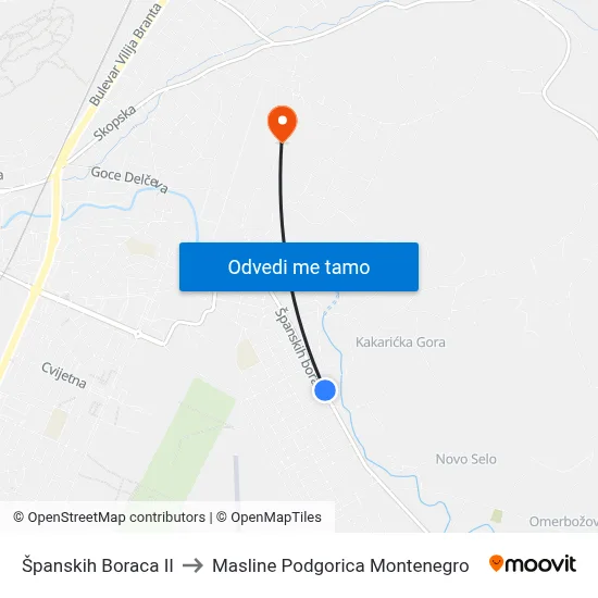 Španskih Boraca II to Masline Podgorica Montenegro map