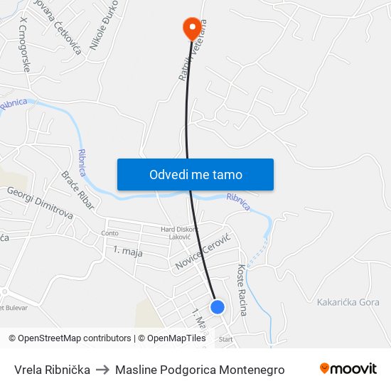 Vrela Ribnička to Masline Podgorica Montenegro map
