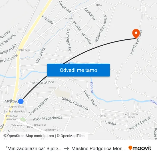 “Minizaobilaznica” Bijele Zgrade to Masline Podgorica Montenegro map