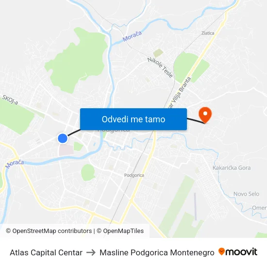 Atlas Capital Centar to Masline Podgorica Montenegro map