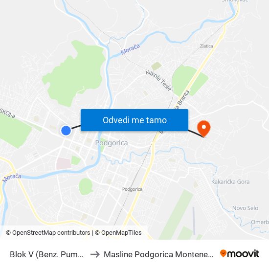 Blok V (Benz. Pumpa) to Masline Podgorica Montenegro map