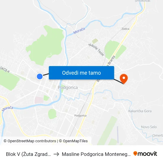 Blok V (Žuta Zgrada) to Masline Podgorica Montenegro map