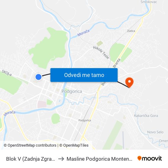 Blok V (Zadnja Zgrada) to Masline Podgorica Montenegro map