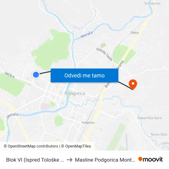 Blok VI (Ispred Tološke Šume) to Masline Podgorica Montenegro map